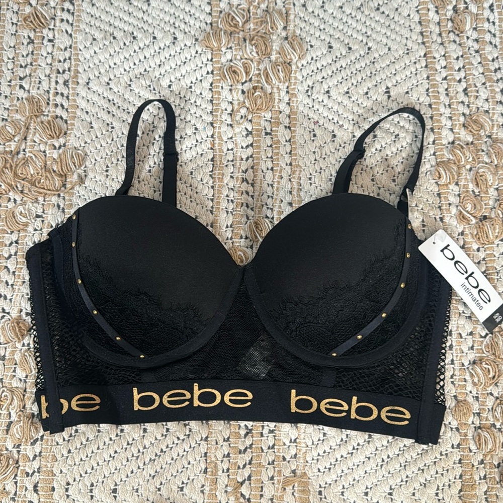 Bebe Black Padded Mesh Fishnet Lace Bra